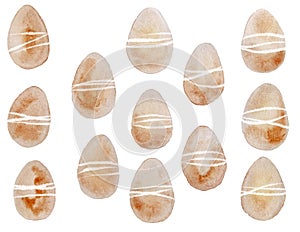 Watercolor painting Easter eggs. Eggs pattern, illustration of boiled stripes coloured eggs, textures on a white background.