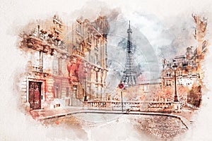 Watercolor painting of Eiffel Tower in Paris, France