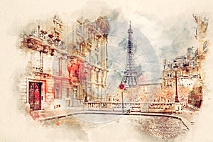 Watercolor painting of Eiffel Tower in Paris, France