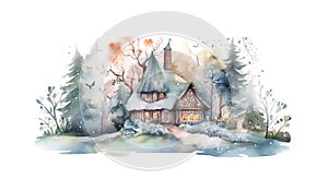 Watercolor Painting Of Fabulous House From Winter Fairy Tail