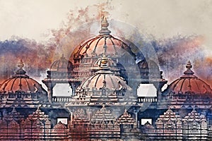 Watercolor painting of facade of a temple Akshardham in Delhi, India