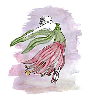 Watercolor painting of a faceless dancing woman in a lily dress against the background of a purple shapeless spot. Art of a flying
