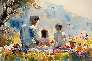 Watercolor painting of family picnic in bloom, ideal for themes of family bonding and nature. Postcard for the day of