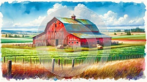 Watercolor Painting Farmland Red Barn Scene Pastel Colored Springtime Country AI Generate