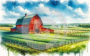 Watercolor Painting Farmland Red Barn Scene Pastel Colored Springtime Country AI Generate