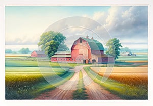 Watercolor Painting Farmland Red Barn Scene Pastel Colored Springtime Country AI Generate