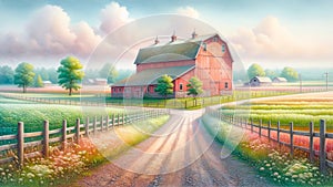 Watercolor Painting Farmland Red Barn Scene Pastel Colored Springtime Country AI Generate