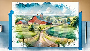 Watercolor Painting Farmland Red Barn Scene Pastel Colored Springtime Country AI Generate