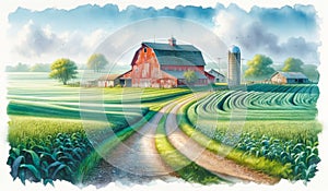 Watercolor Painting Farmland Red Barn Scene Pastel Colored Springtime Country AI Generate