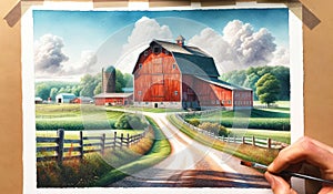 Watercolor Painting Farmland Red Barn Scene Pastel Colored Springtime Country AI Generate