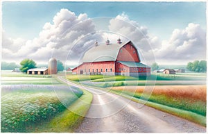 Watercolor Painting Farmland Red Barn Scene Pastel Colored Springtime Country AI Generate