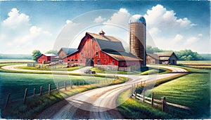 Watercolor Painting Farmland Scene Pastel Colored Springtime Barn Country AI Generated