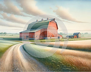 Watercolor Painting Farmland Scene Pastel Colored Springtime Barn Country AI Generated