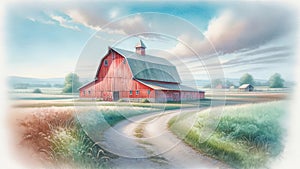 Watercolor Painting Farmland Scene Pastel Colored Springtime Barn Country AI Generated