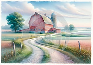 Watercolor Painting Farmland Scene Pastel Colored Springtime Barn Country AI Generated