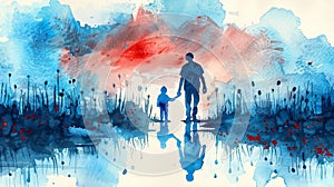 A Watercolor Painting of a Father and Son Holding Hands