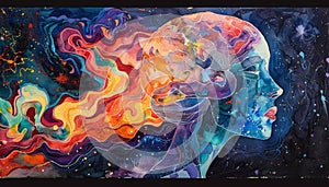 A watercolor painting in fauvist style illustrating the imagination of the human brain, with vivid colors and dynamic, swirling photo