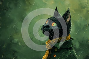 A watercolor painting featuring a black cat donning a vibrant green coat on a St. Patricks Day background