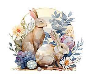 Watercolor painting of floral vignette with two rabbits