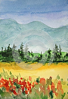 Watercolor painting of flower field and forest