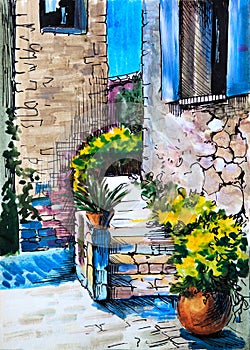 Watercolor painting - flowers along the street