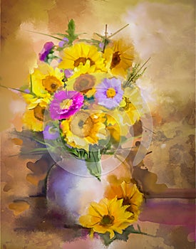 Watercolor painting flowers bouquet still life of yellow sunflower