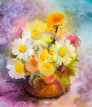 Watercolor painting flowers. Hand paint bouquet still life of yellow, orange, red daisy- gerbera floral in vase