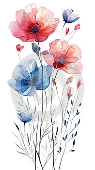 Watercolor Painting of Flowers, isolated on White Background. AI generated Illustration