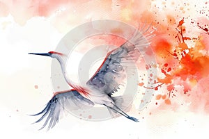 A watercolor painting of a flying crane with outstretched wings against a backdrop of red and orange splashes photo