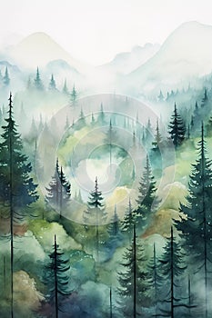 Watercolor painting of a foggy valley with coniferous trees and mountains. Vertical printable wall art