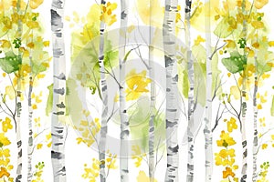 Watercolor painting forest landscape of birch trees in spring. Generative AI