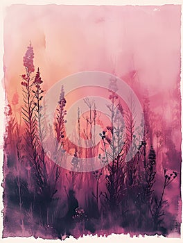 a watercolor painting of a forest with trees and flowers at sunset