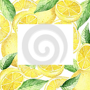 Watercolor painting frame of yellow lemons and green mint leaves isolated on white background. Watercolor hand painted illustratio