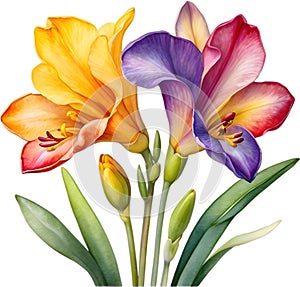 Watercolor painting of a freesia (Freesia refracta) flower. AI-Generated.