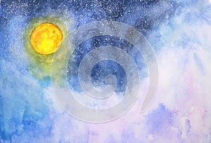 Watercolor galaxy full moon, clouds and stars