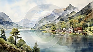 Whistlerian Watercolor: Misty Alps Village And Lake In 8k Resolution photo