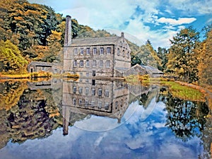 Watercolor painting of gibson mill a water powered mill with main bulding relected in the pond in hardcastle crags near hebden