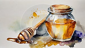 Watercolor painting of glass honey jar and dipper. Sweet and tasty