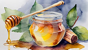 Watercolor painting of glass honey jar and dipper. Sweet and tasty