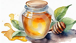 Watercolor painting of glass honey jar and dipper. Sweet and tasty