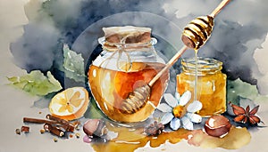 Watercolor painting of glass honey jar and ingredients. Sweet and tasty. Hand drawn art