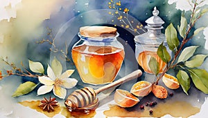 Watercolor painting of glass honey jar and ingredients. Sweet and tasty. Hand drawn art