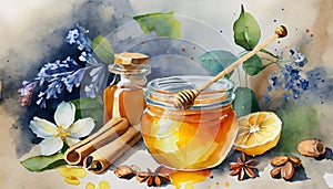 Watercolor painting of glass honey jar and ingredients. Sweet and tasty. Hand drawn art
