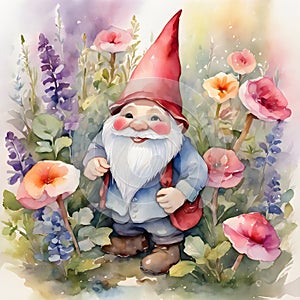 Watercolor and painting Gnome in colorful flowers garden. Christmas holiday