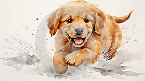 Watercolor painting of a golden retriever puppy running, AI