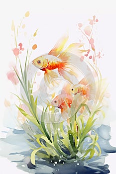 Watercolor painting of goldfish in the water, vertical printable wall art
