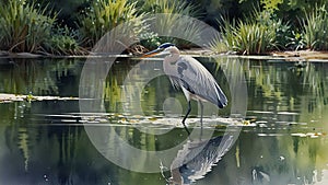 Watercolor painting: A graceful heron stalking the shallows of a calm pond, its long legs and sharp beak poised to strike at any photo