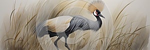 Watercolor painting of a gray crowned crane in the grass of the African savannah created by AI.