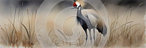 Watercolor painting of a gray crowned crane in the grass of the African savannah created by AI.
