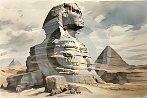 Watercolor painting of The Great Sphinx, Giza in Egypt.